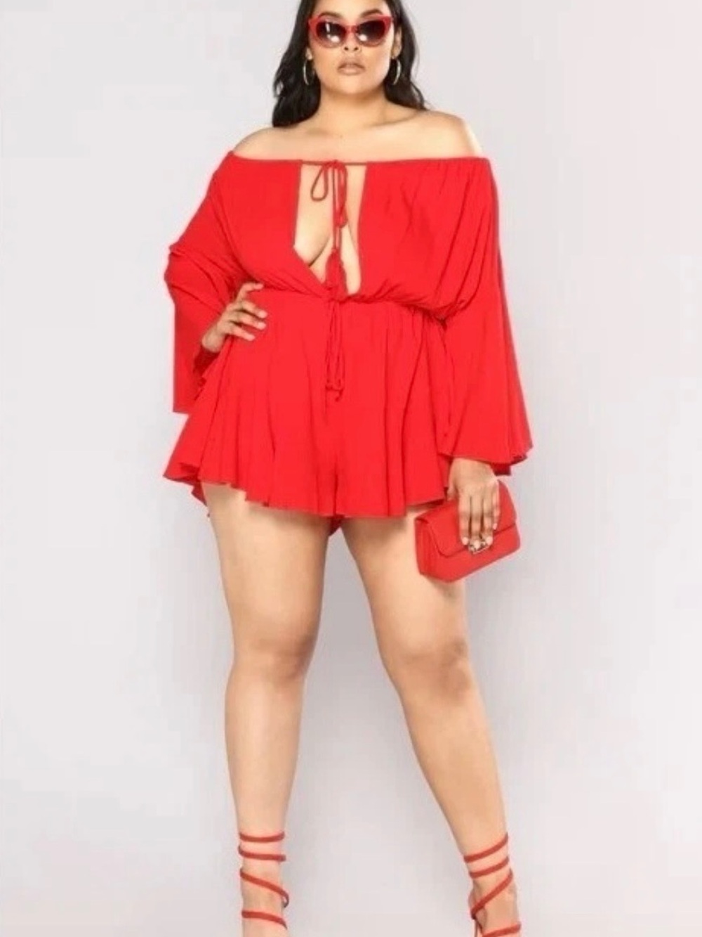 Fashion nova Camellia Off-Shoulder Red Tie-Front Romper